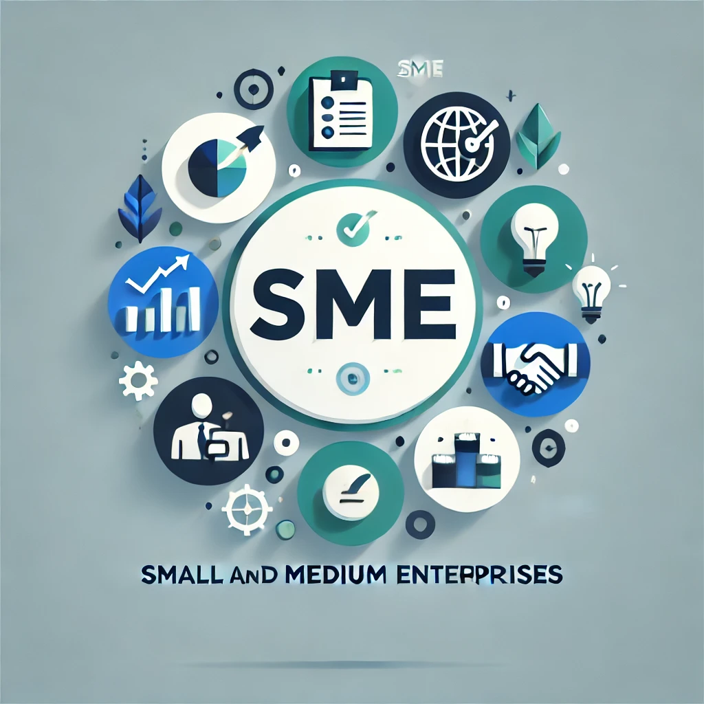 DALL·E 2025-02-06 12.20.11 - A simple and solid design representing Small and Medium Enterprises (SMEs). The image should have a minimalist style with a strong, professional color