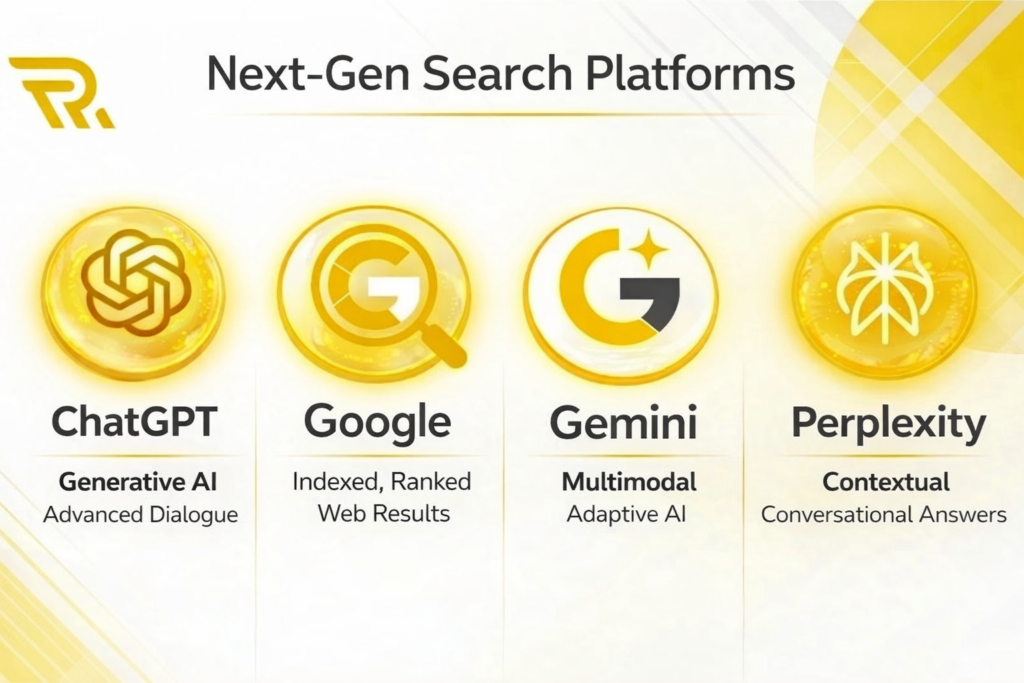 Next-gen search platforms: ChatGPT, Google, Gemini, and Perplexity graphic